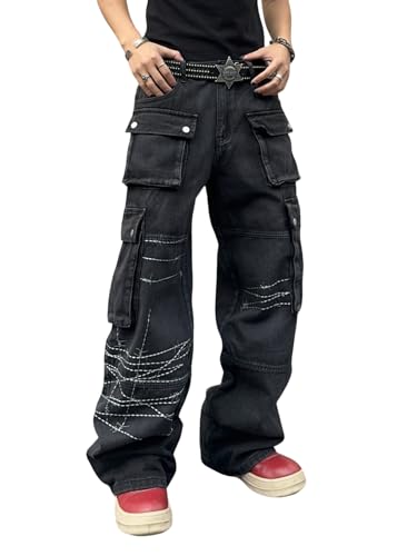 Zewool Herren Gothic Baggy Cargo Jeans mit Taschen Y2K Hip Hop Weite Beinform Skater Denim Cargo-Hosen Streetwear Goth Steampunk Harajuku Punk Lockere Passform 2000er Skateboard,B10 Schwarz,M