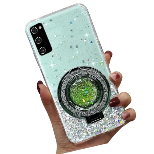 Tivenfezk Nadoli Sparkle Treibsand Ständer Hülle für Samsung Galaxy S20 Plus,Versteckt Ständer Ring Klar Glitzer Stern Handyhülle Durchsichtig Bling Schutzhülle Case Cover,Grün