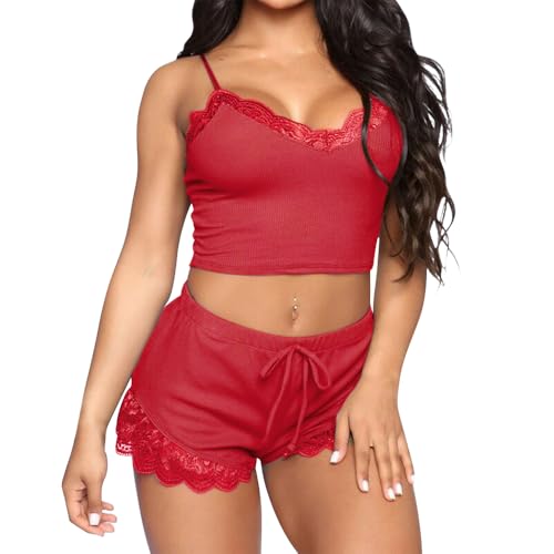 GIVTULIP Damen Sexy Pyjama Set Soft Lingerie Nachtwäsche 2 Stück Cami Tank Top mit Pj Shorts V Ausschnitt Schlafanzug Kurz Elastische Camisoles Shorts Sweetness Loungewear Sleepwear Hausanzug Negligee