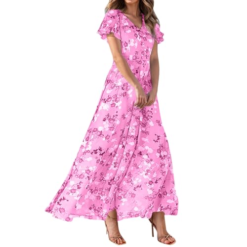 Sommerkleid Damen Chiffon Boho Lange Kleid Hohe Taille Strandkleid 2024 Partykleid Elegant V-Ausschnitt Maxikleid Blumenkleid Abendkleid Rüschen Cocktailkleid Swing Kleider Freizeitkleider