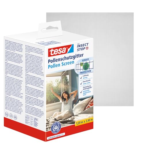 tesa Pollenschutzgitter - zuschneidbarer, transparenter Pollenschutz für Allergiker - für nach innen öffnende Fenster - inkl. selbstklebendem Klettband - Anthrazit - 120 cm x 240 cm