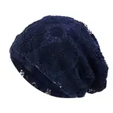 rtdgcv Damen Faltbarer Mesh Handmade Floral Lace Hair Loss Caps Slouchy Hat Fleece Hut Damen (Navy, One Size)