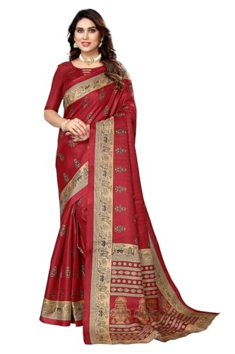 IMTRA FASHION Damen Sari Mit Indischem Sari Kunstdruck Aus Seide Und Bluse-Rot-JHUMAKI MAROON