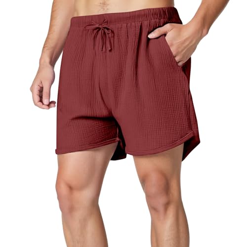 Jean Shorts Herren Waist Hose Kurze Cargohose Solid Splice Pocket Kordelzug Mode Einfarbig Lose Kurz Strand(Rot,XL)