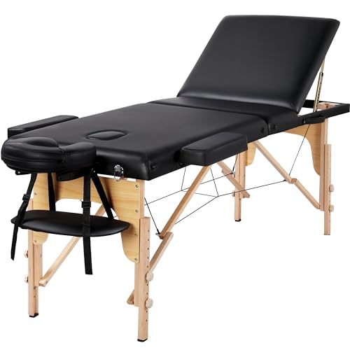 Yaheetech 3-Zonen Massageliege Tragbare Massagebank Höhenverstellbarer Massagetisch mit Kopfstütze und Abnehmbare Armlehnen für Physiotherapie, Schwarz