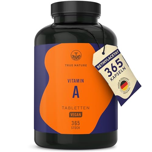 Vitamin A - 365 Tabletten - Hochdosiert: 10.000 I.E. (3000 µg) pro Tag - 1 Jahresvorrat - Retinylacetat - Vegan, ohne Zusatzstoffe - Deutsche Produktion - TRUE NATURE®