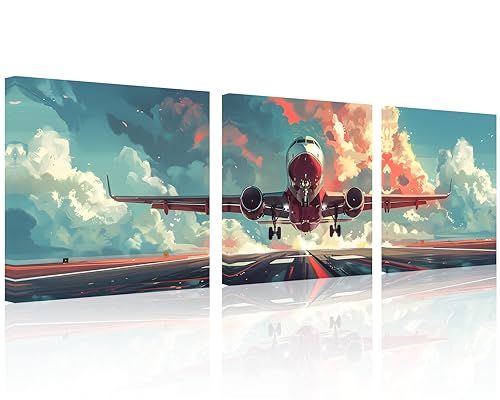 TutuBeer Flugzeug-Poster für Wände, Flugzeugbild, Leinwand, rotes Flugzeug mit weißen Wolken, Bild auf Leinwand, gespannt und gerahmt, Flugzeug-Wandleinwand für Heimdekoration, 30,5 x 30,5 x 7,6 cm, 3