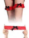 ohyeahlady Strumpfband Hochzeit 2er Pack Oberschenkelbänder Sexy Spitze Brautstrumpfband Wedding Cosplay Bein Garter Belt Brautstrumpfbänder mit schleife Bride Braut Geschenk One Size Rot