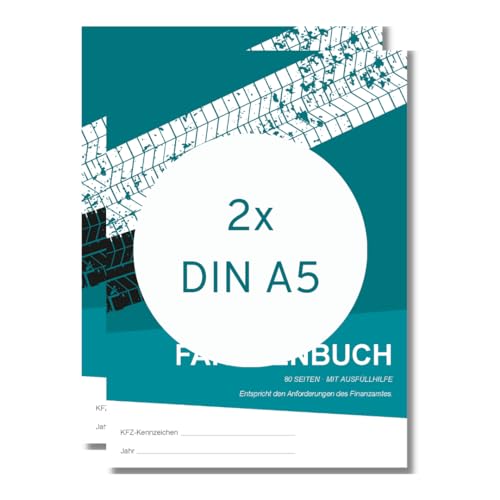 Fahrtenbuch DIN A5 | Finanzamtkonform für PKW | 80 Seiten mit Ausfüllhilfe | Fahrtenbücher 1er, 2er, 3er, 5er oder 10er Pack | zur Dokumentation geschäftlicher und privater Fahrten (2 Stück)