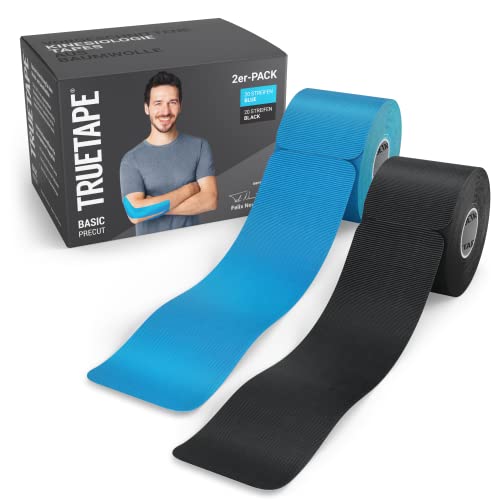 TRUETAPE Basic - Kinesiotapes vorgeschnitten | Duopack | hautfreundlich mit perfektem Tragekomfort | 2x 20 Precut-Streifen á 25cm x 5cm | wasserfestes & elastisches Kinesiologie Tape | Blau & Schwarz