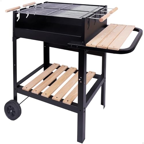 AKTIVE Tragbarer Holzkohlegrill mit Doppelgrill, Metall, 100,5 x 40 x 88,5 cm, 3 verstellbare Höhen, 2 Räder für einfachen Transport, emaillierte Metall- und Holzoberflächen, Carbongrills (52975)