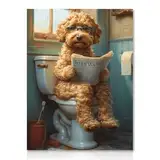 Dazzlewall Lustige Tiere Badezimmer Wandbilder Hund Lesen der Zeitung auf Toilette Hund Leinwand Bilder für Toilette Badezimmer 30×40 cm Ungerahmt