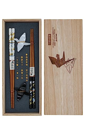 Sushi Essstäbchen Set ORIGAMI Kranich Paper Crane 2 Paar inklusive Unterleger in Premium Holzbox Nachhaltig Japanisch Chinesisch Koreanisch Taiwanesisch