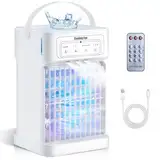 Klimaanlage Mobil, 4-in-1 Mobile Klimaanlage, Ventilator mit Wasserkühlung 1100ml Wassertank, Air Conditioner mit 3 Windgeschwindigkeiten,7 Farben Licht 3 Sprühfunktion, 2-8H Timer für Schlafzimmer