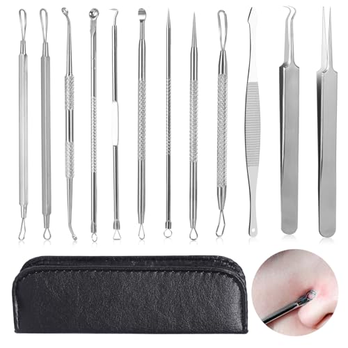 12 Stück Mitesserentferner Set, Pickel Ausdrücken Werkzeug, Professionelle Blackhead Remover Komedonenquetscher mit Pinzette und PU Tasche, Edelstahl Akne Mitesser Tools, für Nasen Gesichtspflege