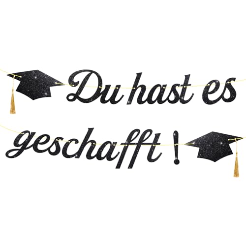 BETESSIN Graduation Deko Glitzer Schwarz - Du hast es geschafft - Girlande mit Absolventenhut Motiv - Abschluss Deko Banner Papier - Hängende Dekoration für Abitur, Bachelor und Master Abschlussfeiern