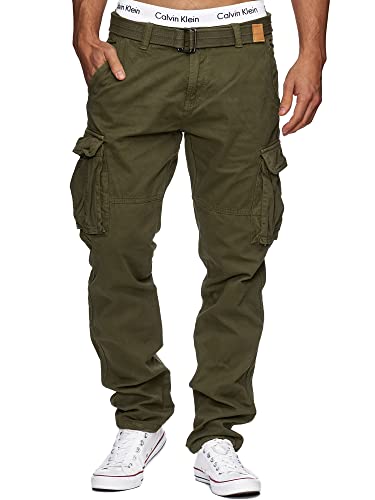 Indicode Herren William Cargohose aus Baumwolle m. 7 Taschen inkl. Gürtel | Outdoorhose Army M