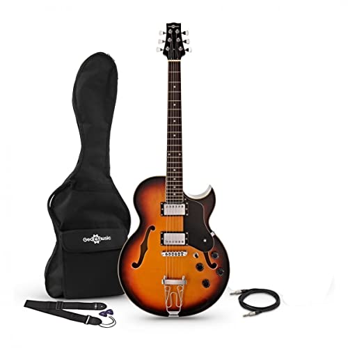 Gear4music Halbakustische Hollowbody Jazzgitarre mit Tasche und Kabel