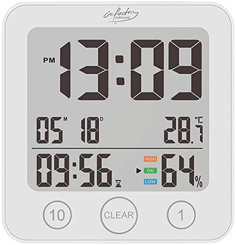 infactory Badezimmeruhr Digital: Digital-Badezimmer-Uhr, Thermo-/Hygrometer, LCD, Saugnapf, Timer, IP54 (Baduhr Digital, Badezimmeruhr Digital mit Saugnapf, Wanduhr klein)