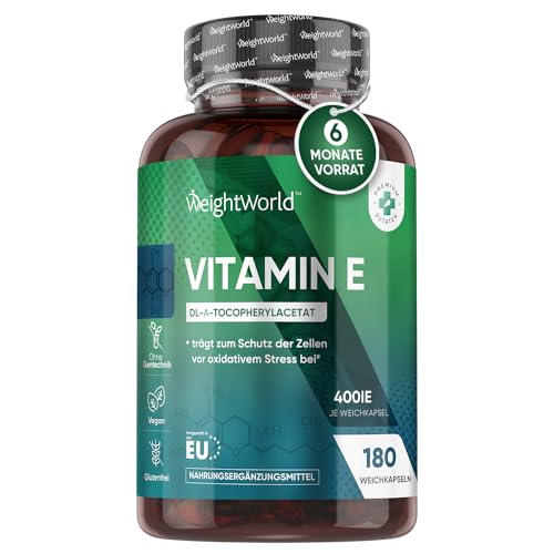 Vitamin E Weichkapseln 400IE - 180 Vegane Softgels - Vitamin E Öl DL Alpha Tocopherylacetat -6 Monate Vorrat - Für Oxidativen Stress (EFSA) - Natürliches Vit E Nahrungsergänzungsmittel - WeightWorld