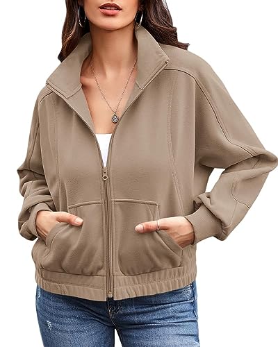 Ebifin Zip Sweatshirt Damen Ohne Kapuze Sweatjacke übergangsjacke Herbst Jacken Sommerjacke mit Tasche.Khaki.XXL