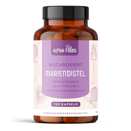 Mariendistel Kapseln hochdosiert | Mariendistel Artischocke & Löwenzahn Komplex | 120 vegane Kapseln | Hochdosiert mit 80% Silymarin | Vorrat für 4 Monate | in Deutschland produziert | Alpha Foods