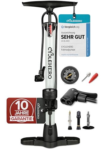 Fahrradpumpe alle Ventile * Test SEHR GUT - 10 Jahre GARANTIE * Leistungsstarke Luftpumpe Fahrrad– Fahrradpumpe Französisches Ventil - Standpumpe mit Manometer - Pumpe Standluftpumpe