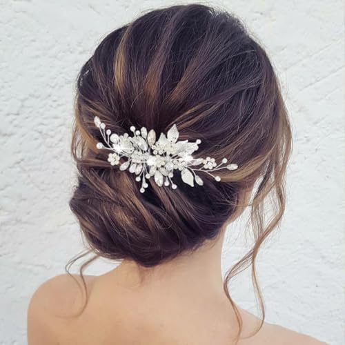 Zoestar Braut Hochzeit Haarkämme Blume Perle Kopfschmuck Braut Kristall Blatt Haarschmuck für Frauen und Mädchen (Silber)