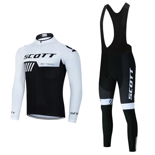 Fueegue Fahrradbekleidung Set, Herren Langarm Radsportanzüge Radtrikot Set Radfahren Kleidung Langärmeliges Fahrradtrikot Herbst/Winter mit Thermofleecefutter Radhose mit Sitzpolster Scott-Weiss XL