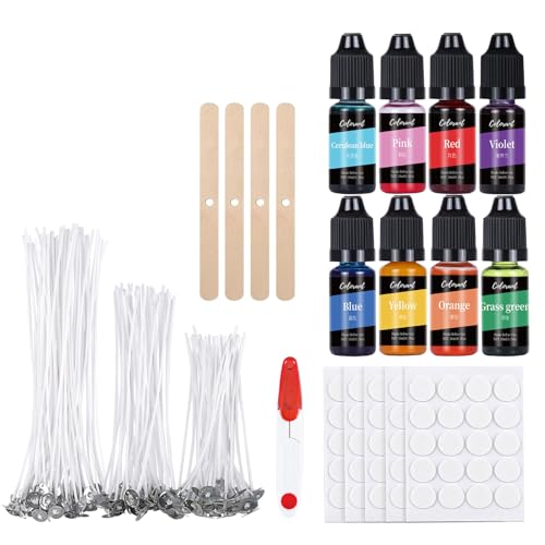 ALLAVA Kerzenwachs Farbe, Kerzenherstellung Kit, 100 Kerzendochte and 8 Kerzenwachs, 100 Kerzen Aufkleber, 4 Dochthalter, Candle Making Kit für Erwachsene und Kinder