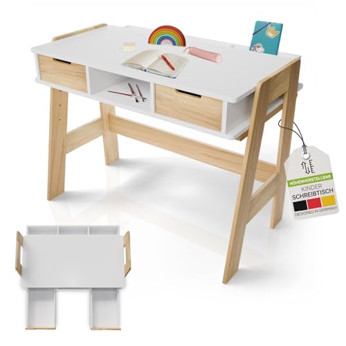 Juskys Kinderschreibtisch Fietje - Höhenverstellbarer Schreibtisch für Kinder, aus Holz, mit 2 Schubladen und viel Stauraum - Lerntisch in Weiß