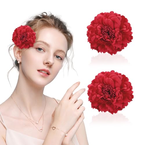 EUPSIIU 2 Stück Blumen Haarspangen Haarclip, Blume Rosen Haarnadeln, Haarschmuck Mädchen Blumen Haarspangen Damen, Haarspange mit Rosenmotiv für Flamenco Tanzenparty Party Hochzeit (Rot)