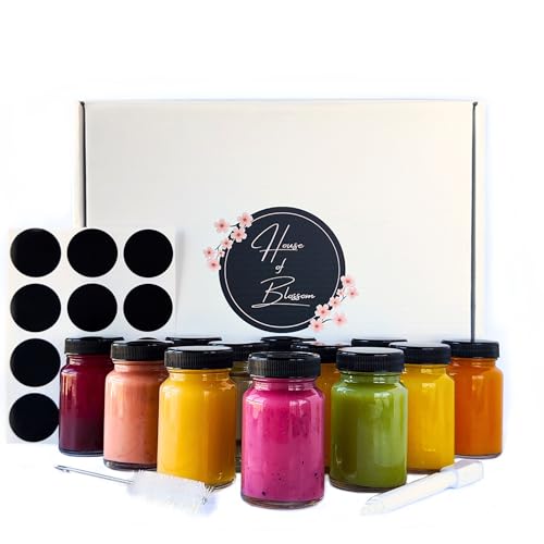 House of Blossom 12 Stück Leere Shot Flaschen zum Befüllen 60ml • Kleine Glasflaschen zum Befüllen für Ingwer Shot, Saft, Gewürze und Likör • Mini Shotgläser mit Deckel, Etiketten und Stift