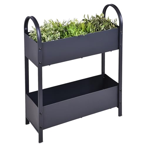 Metall Etagen Hochbeet anthrazit pulverbeschichtet - 60 x 22 cm - Frühbeet aus Eisen dunkelgrau mit 2 Pflanzkästen - Gemüse Anzucht Vertikalbeet Pflanzkasten Blumenkasten Blumentreppe Kräuter Garten