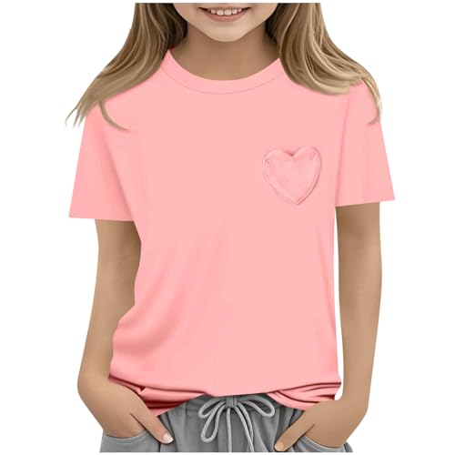 Mädchen T-Shirt Sportshirt Casual Tshirt Atmungsaktiv Kurze Oberteile Freizeit Basic Croptop Mode Kurzarmhemd Einfarbig Kinderkleidung Sommer Rundhalsausschnitt Top Shirt Kurzarm Tops Rosa 170