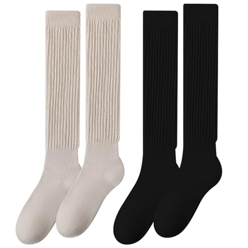 EUPSIIU 2 Paar Damen Kniestrümpfe, Knit Cotton Slouch Socken, Lässige Socken Gestrickte Kniehohe Stiefelsocken Extra Lange Lose Socken Thermosocken 80er Jahre Party Zubehör Retro Punk (Baumwolle, L)