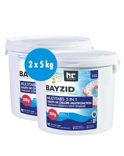 BAYZID Chlor Multitabs 5 in 1-200g Chlortabletten für Pool - 2 x 5kg - 5-Phasen Pflege & Reinigung - Made in Europe - Für kristallklares Poolwasser