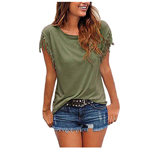 Lässige Mode für Damen mit lockeren Quastenärmeln, mehrfarbiges Kurzarm-T-Shirt Blaue Flügel Damen (Army Green, XL)