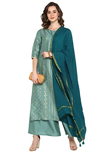 Janasya Indianer Damen Hellgrün Poly Seide Kurta mit Palazzo und Dupatta - Grün - Small