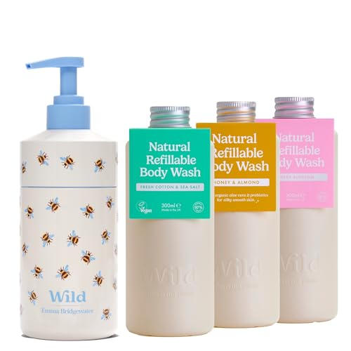 Wild Natürliches Nachfüllbares Duschgel-Starterset - Inklusive Aluminiumcase mit Bienenmuster & einem 3er-Pack Duschgel-Nachfüllpackung - in den Duftnoten Honey & Almond, Fresh Cotton, Cherry Blossom