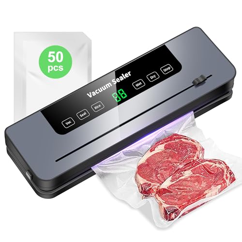 Vakuumiergerät, 7 in 1 Vakuumierer für Lebensmittel mit 50 Vakuumierbeutel, Vakuumiergerät Profi mit Cutter und Digitalem Countdown, Ideal für Küche und Restaurant Lebensmittelkonservierung