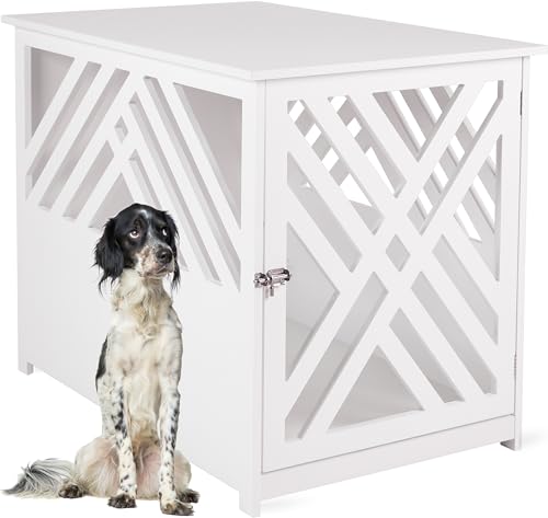 WONDERMAKE® Design Hundekäfig aus Holz für Zuhause Wohnung mit Beistelltisch, Hundebox fürs Wohnzimmer Indoor, 90x60 cm weiß