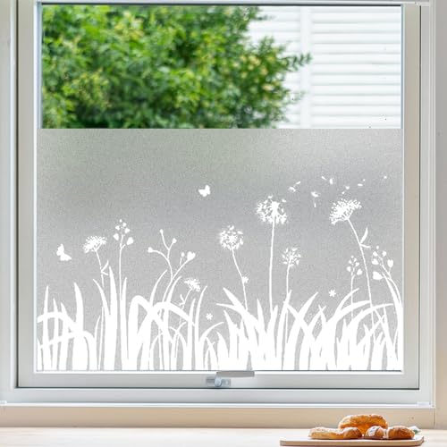 Fensterfolie Blickdicht Sichtschutzfolie Fenster Löwenzahn-Muster Milchglasfolie Selbstklebend Fenster Statisch Folie ohne Klebstoff Klebefolie Fenster für Bad, Büro, Küche