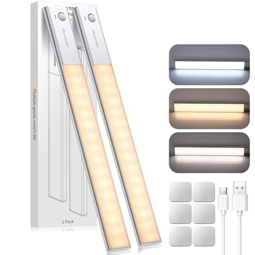 Maxetodo 2x Unterbauleuchte Küche 64 LED Küchenunterbauleuchte Schrankbeleuchtung Schrankleuchte mit Bewegungsmelder Innen 3 Farbtemperaturen Typ-C wiederaufladbar für Schränke Kleiderschrank Treppen