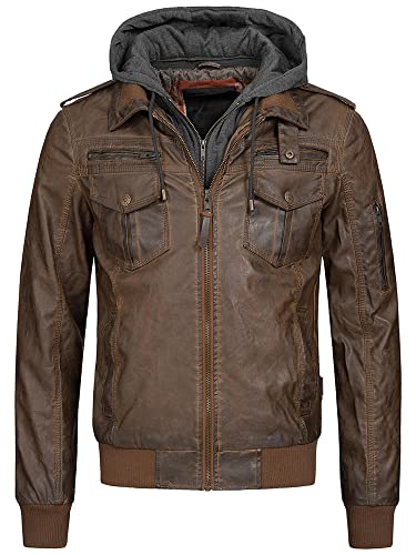 Indicode Herren Aaron Lederjacke mit abnehmbarer Kapuze | Kunstlederjacke Übergangsjacke DK Brown M