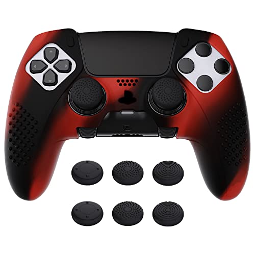 playvital Anti-Rutsche Hülle für ps5 Edge Controller,Case Schutzhülle Hülle Skin aus weichem Gummi mit 6 Stück Stick Kappen für PS5 Edge Wireless Controller(3D Noppen Edition,Rot & Schwarz)