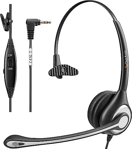 Wantek 2,5mm Klinke Headset Telefon mit Mikrofon Noise Cancelling & Lautstärkeregler, Schnurlos Festnetztelefon Kopfhörer für Gigaset Cisco Polycom DECT Telefone (Schwarz-Mono)