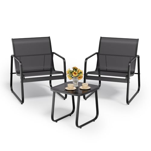 Bealife 3-teiliges Balkon-Set, 3-teiliges Bistro-Set aus Textilene-Stoff, 2 Sessel und 1 Tisch aus gehärtetem Glas, für Garten, Terrasse, Balkon