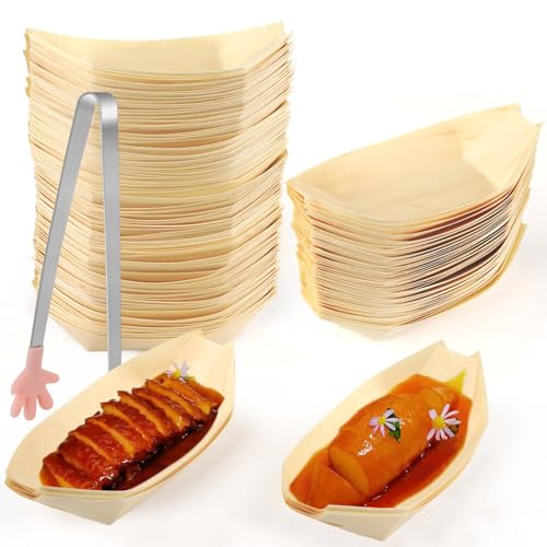 100 Stück Holzschale Schiffchen ,Einweggeschirr Bambus,Fingerfood Schalen,Snackschale Bambusschale Biologisch Abbaubar Essbare Schalen Für Fingerfood Currywurst (Holzschale Schiffchen (8.5*6CM))