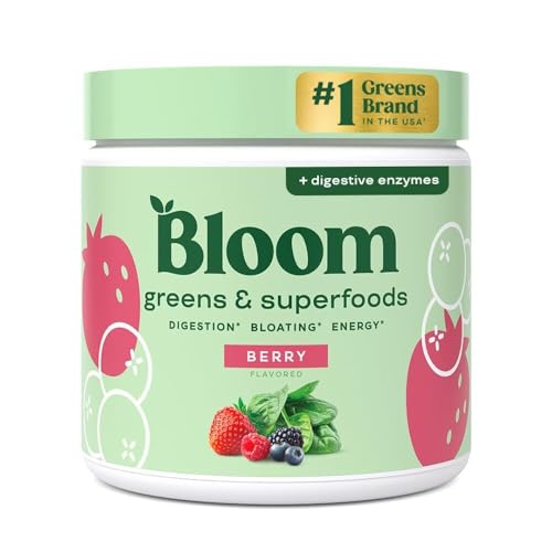 Bloom Nutrition Greens and Superfoods Powder for Digestive Health, Grünes Pulver, Verdauungsenzyme, Probiotika, Spirulina, Chlorella für Blähungen & Darmunterstützung, Grüner Saft, 25 SVG, Beere